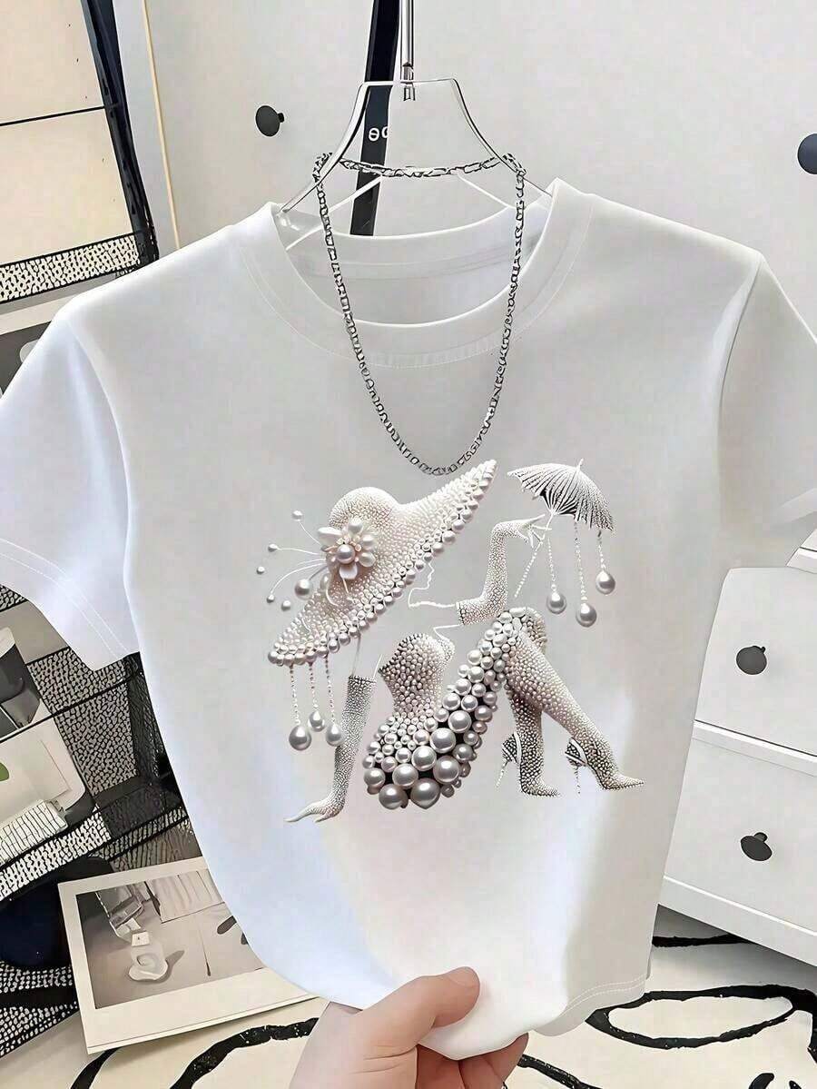 Baby Short-Sleeved T-Shirt With Vintage Faux Pearl Portrait Print, Flat Heat Transfer Printing, Millennial Style, Elegant Women's Fashion T-Shirt With Round Neck, Exquisite And Beautiful Outfit, Soft And Comfortable Top, Versatile Style For All Seasons. Fashion - 白色 - 查看 1