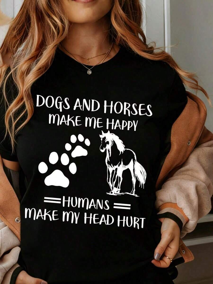 ropa de mujer Los Perros y Caballos Me Hacen Feliz Los Humanos Me Duelen la Cabeza Camiseta Para Amantes de los Animales Con Estampado de Pata y Diseño de Caballo Regalo Perfecto Para Entusiastas de Perros y Caballos Ropa Casual Para Mujeres y Hombres camisas de mujer - Negro - Ver 1