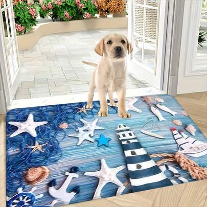 1pc/2pcs/3pcs Nautical Lighthouse & Starfish Pattern Non-Slip Washable Kitchen/Home Decor Floor Mat, Suitable For Kitchen, Living Room, Hallway, Bathroom And Indoor/Outdoor Entrance, Holiday Home Decoration, Machine Washable, Absorbent Bathroom Mat