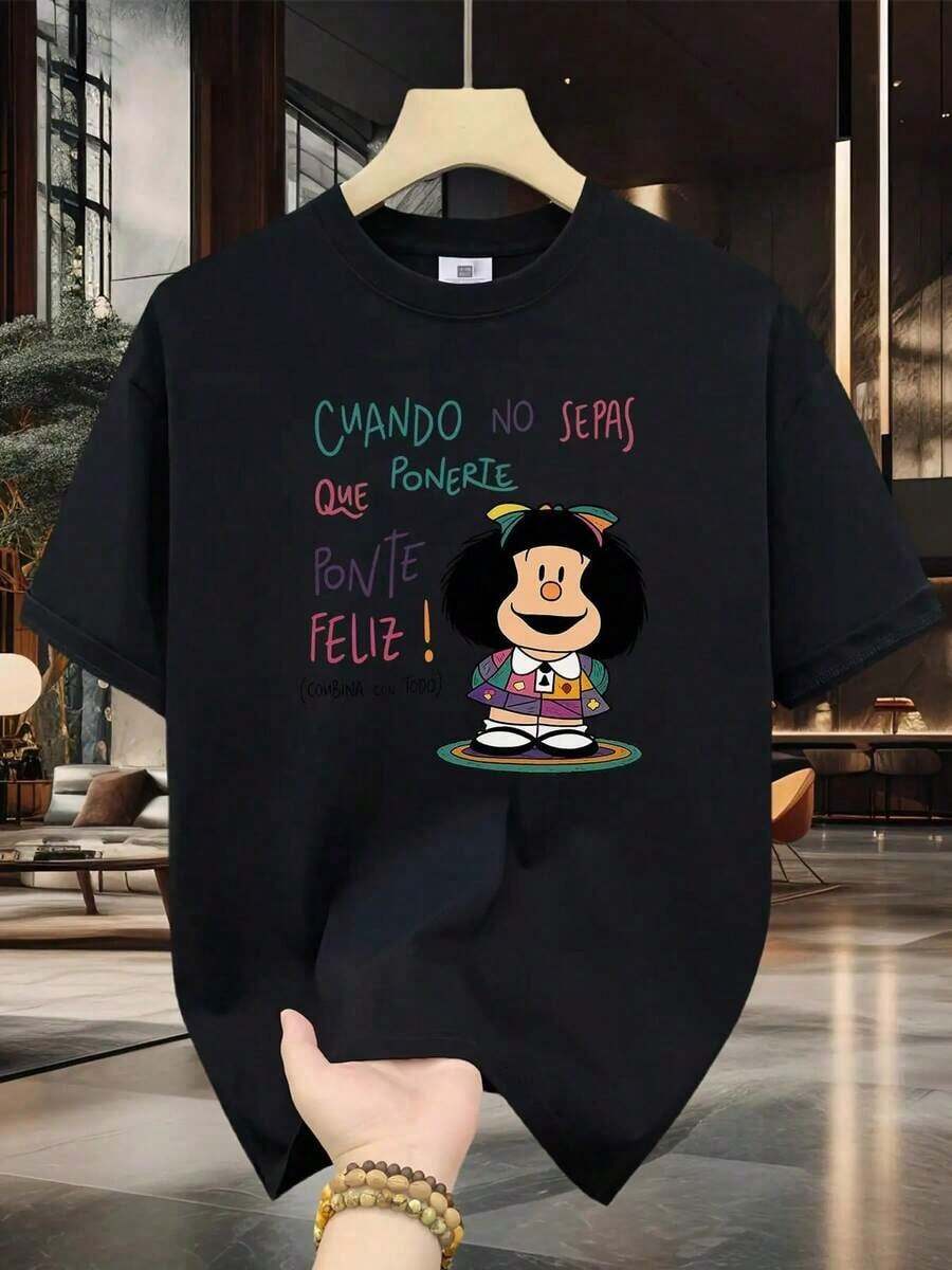 Men's 100% Cotton T-Shirt - Short Sleeve, Crew Neck, Digital Print, Comfortable For All Seasons, Machine Washable, Ideal For Everyday Wear, Crew Neck, Circular Design, Casual Summer T-Shirt, Muscle Freaks Mafalda Cartoon Style Women's Happy 100% Cotton - 黑色 - 查看 1
