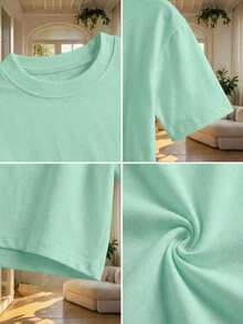 Blusa de mujer de cuello redondo, manga corta, holgada y casual, de estilo minimalista, elegante y sexy Y2K, adecuada para uso diario, oficina, hogar, exterior, primavera/verano - verde menta - Ver 8