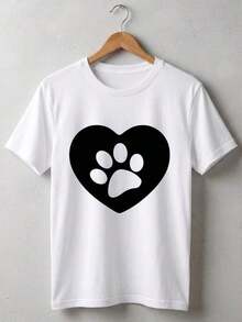 Camiseta Casual de Manga Corta con Cuello Redondo para Mujer, con Diseño de Corazón y Huella de Pata, Elegante Top de Poliéster TJSN - Blanco - Ver 2