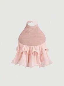 MOD Top Corto Elegante Azul Marino con Volantes Multicapa, Top de Año Nuevo, Top de Fiesta, Top Casual para Mujer con Botones Frontales y Tirantes Anchos, Estilo Minimalista para Uso Diario, Estilo Vintage, Look para el Día de San Valentín - Rosa - Ver 2