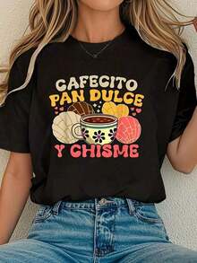 Women's And Unisex T-Shirt With Mexican Concha, Coffee, Cafecito, Sweet Bread, And Gossip Design - Hispanic Culture T-Shirt With Concha Cookie And Cafecito Graphics, Sweet And Fun Outfit For Mexican Tea Time, Casual Short-Sleeve Crew Neck T-Shirt (Machine Washable) - Spring T-Shirts - Summer T-Shirts For Women - 100% Cotton T-Shirts - Unisex Vintage Urban Style Short-Sleeve Crew Neck Loose Cotton T-Shirt - Blouses For Women. Blouses.Casual Blouses For Ladies. - 黑色 - 查看 6