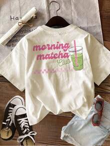 Women's Casual Summer Top With A Print, Featuring A Fresh Style With "Cup, Drink, And Morning Matcha Club" Graphics On A Short-Sleeved, Crew-Neck T-Shirt. This Unisex, Loose-Fitting, Urban Vintage Style Top Is Made Of Cotton And Features A Short-Sleeved, Crew-Neck Design. Women's Blouses. Casual Blouses For Ladies. - 杏色 - 查看 5