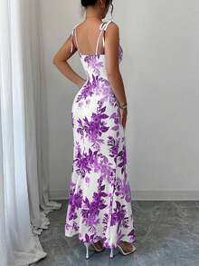 Nuevo vestido de mujer con tirantes de espagueti, lazo en la cintura, diseño de dobladillo fruncido y abertura, versátil para citas, fiestas y uso diario, favorecedora y elegante - Morado - Ver 2