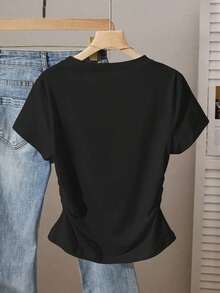 Set de 5 camisetas ajustadas y fruncidas de mujer, versátiles y casuales, adecuadas para el verano con manga corta - Negro - Ver 2