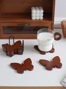 6pcs Butterfly Wooden Coaster Set: Natural Wood Butterfly-Shaped Coasters With A Black Metal Storage Rack. - Multicolor - View 3