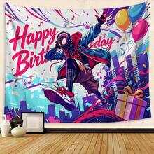 Marvel 1pc Themed Birthday Party Backdrop,Cartoon Character Tapestry,S-Pider-Man Miles Morales Birthday Backdrop, Neon Cool Music Style Happy Birthday Party Banner,Spider-Verse Themed Party Decor Tapestry, High Definition Print Party Decoration Backdrop Cloth,The Perfect Gift For Family And Friends, Birthday Party Decoration,Holiday Decoration, Decoration Themed Perfect Gift,For Bedroom Living Room Corridor, Wall Art, Wall Decoration, Room Decoration - Multicolor-a - View 2