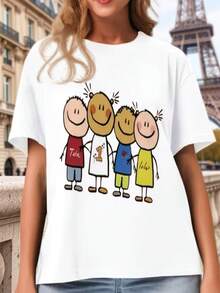 Fashionable Short-Sleeved T-Shirt, Pink Letter-Printed Casual Women's 100% Cotton Top, Women's Clothing - White - View 1
