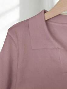 New 2026 Collection: Women's Solid Color Fitted Knit Blouse, Spring/Summer, White, Simple, Casual, With Roll Neck And Raglan Short Sleeves. Solid Color Blouses, Pink Blouses, Baby Pink Blouses. - 紫色 2 - 查看 4