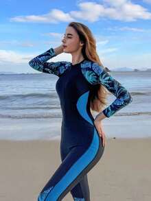 Swim Shayni 1 pieza Traje de neopreno de manga larga con cremallera y medio pliegue, con estampado de plantas tropicales, para protección solar en verano - Multicolor - Ver 5