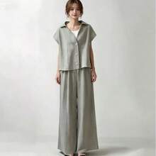 Women's Pantsuit Set: Blouse (Short Sleeve), Straight Pants, Wide Pants, Long Pants, T-Shirt, 2-Piece Set, Casual Wear, Plain, Simple, Cute, Summer - 灰色 - 查看 4