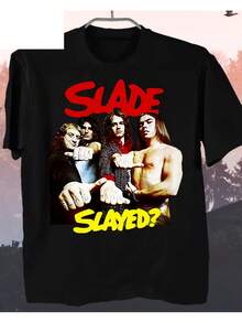 Camiseta Gráfica Vintage de la Banda Slade para Hombre - Camiseta Retro de Rock de Tejido Grueso con Estampado del Logo Icónico, Iconic Slade ¡Increíble! Camiseta de manga corta de corte holgado, adecuada para conciertos y uso casual, lavable a máquina, estilo retro punk. Una camiseta de manga corta ideal para el hogar, uso diario, fiestas y viajes-perfecta como regalo para amigos o familiares. - Negro - Ver 1
