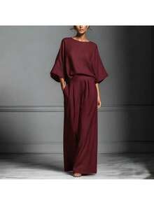 Conjunto de lino con mangas campana, estilo elegante y moderno, nueva colección primavera-verano 2026 para mujer - Burdeos - Ver 2