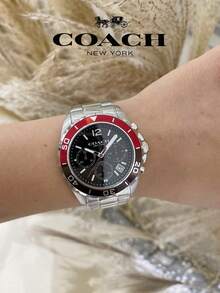 Coach Kent Series Men's Quartz Watch, Silver Tone Case Red Bezel Silver Stainless Steel Band Black Dial - 銀色 - 查看 9