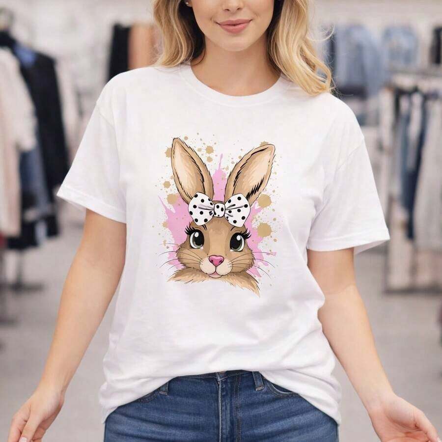 Women's Plus Size Cotton T-Shirt, M-5XL, Black Short Sleeve T-Shirt With Rabbit Print, Polka Dot Bow Design, Casual Loose Fit, Soft And Breathable Fabric, Fashionable Summer Top For Everyday Wear, Easter Gift Idea, Comfortable Oversized T-Shirt - 白色 - 查看 1