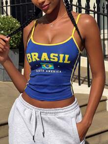 Y2K Round Neck Spaghetti Strap Camisole – Lettering Color Block Waist-Cinching | Sexy Hot Girl For Daily, Party, Festival & World Cup - Navy Blue - View 5