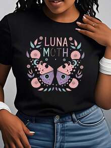 Camiseta de Mujer con Diseño de Mariposa Luna Moth, Estampado Floral de Luna y Estrellas, Top Casual para Amantes de la Naturaleza, Ropa de Verano, Regalo para Ella - Negro - Ver 8