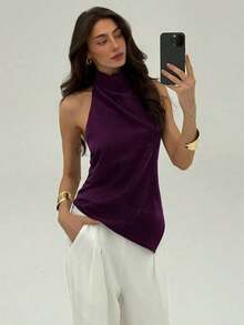 Blusa de mujer de unicolor con cuello halter, pliegues y bajo asimétrico - Morado - Ver 8