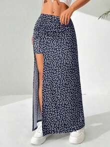 Falda larga con diseño floral pequeño y abertura en el dobladillo - Azul marino - Ver 3