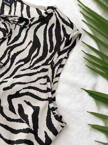 Camiseta de mujer con estampado de rayas de cebra en gasa con bajo de peplum, adecuada para vacaciones de primavera/verano, conjunto casual para mujer, vacaciones de verano, vacaciones de primavera, fiesta, playa, Día de San Valentín - Blanco y Negro 2 - Ver 5