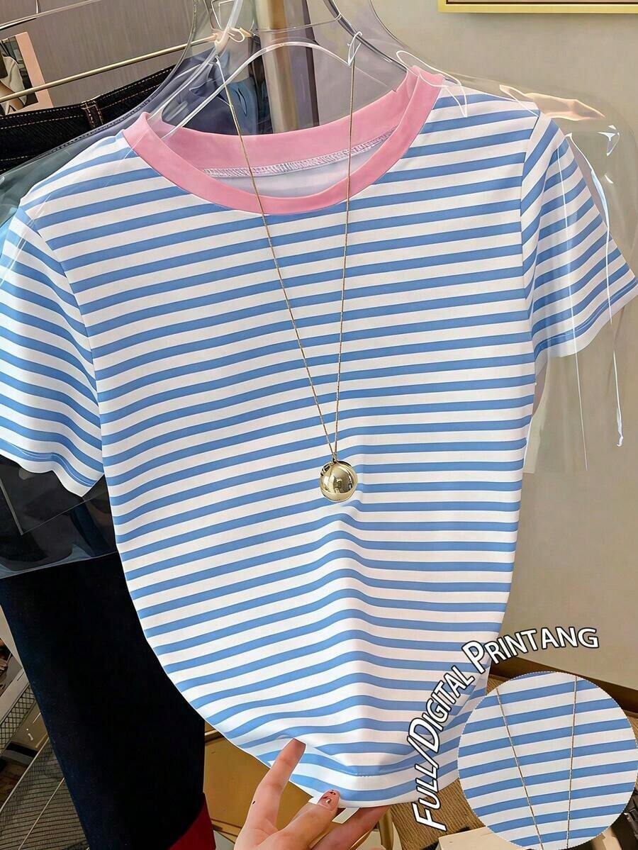 Camiseta de manga corta de cuello redondo a rayas para mujer, de uso versátil y casual para el día a día - Multicolor - Ver 1