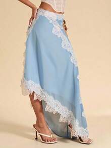 Falda de gasa con dobladillo asimétrico y ribete de encaje en color azul bebé, adecuada para vacaciones, playa, fiesta, brunch, atuendo de invitada de boda, primavera/verano - Celeste - Ver 7