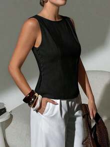 Camisa blanca sin mangas de algodón y lino, ajustada, con botones de nudo de bambú, estilo vintage para oficina - Negro - Ver 5