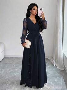 Vestido elegante de mujer con cuello en V profundo, parche de encaje, manga larga y abertura alta, adecuado para graduación, vacaciones, Día de San Valentín, festivales de música, Día de la Madre, Acción de Gracias, Pascua, Día Nacional, bailes, citas, fiestas, bodas, actividades al aire libre, primavera/verano - Azul marino - Ver 3