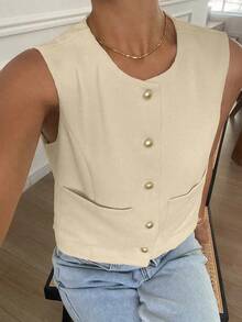 Chaqueta ajustada sin mangas de cuello redondo de unicolor para mujer, primavera/verano - Beis - Ver 6