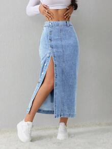 Tall Falda vaquera de mujer, casual, suelta, con abertura lateral, falda midi azul, falda larga para mujeres, falda azul claro, falda azul, ropa de invierno para mujer - Lavado ligero 3 - Ver 7