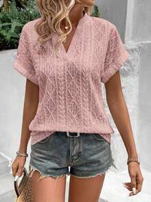 Camiseta suelta de mujer de manga de murciélago con escote en pico, de tela texturizada de unicolor, para verano y vacaciones - Rosa - Ver 8