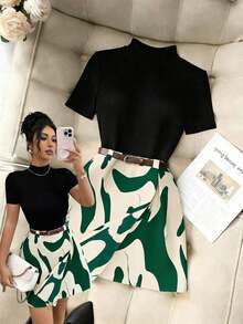 Falda elegante con estampado y bajo asimétrico para mujer - Verde - Ver 4