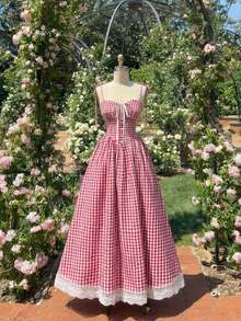 Vestido midi de estilo romántico y campestre con estampado de cuadros rojos y blancos - Rojo y blanco - Ver 1