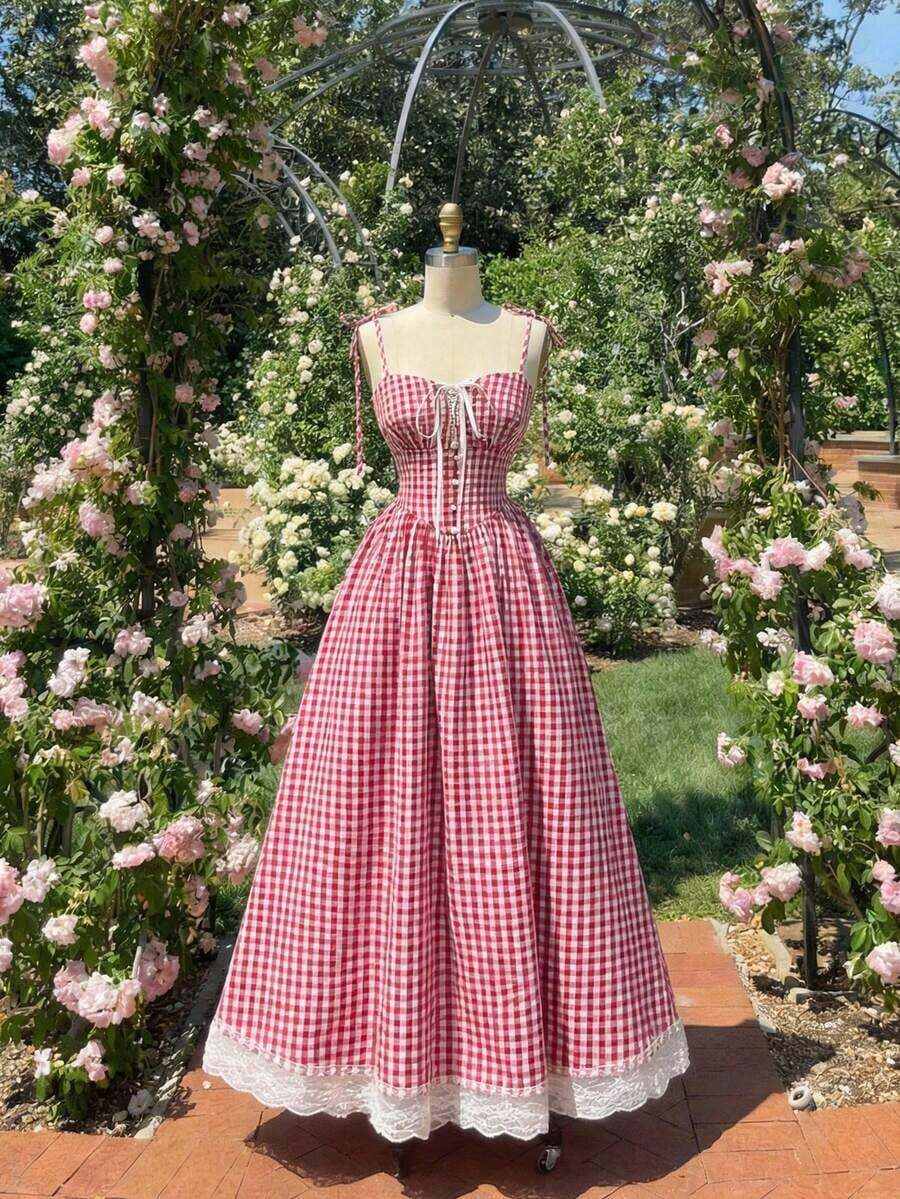 Vestido midi de estilo romántico y campestre con estampado de cuadros rojos y blancos - Rojo y blanco - Ver 1