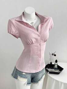 Camisa de mujer con cuello en V, cintura fruncida y manga corta, color blanco, para primavera/verano - Rosa 4 - Ver 3