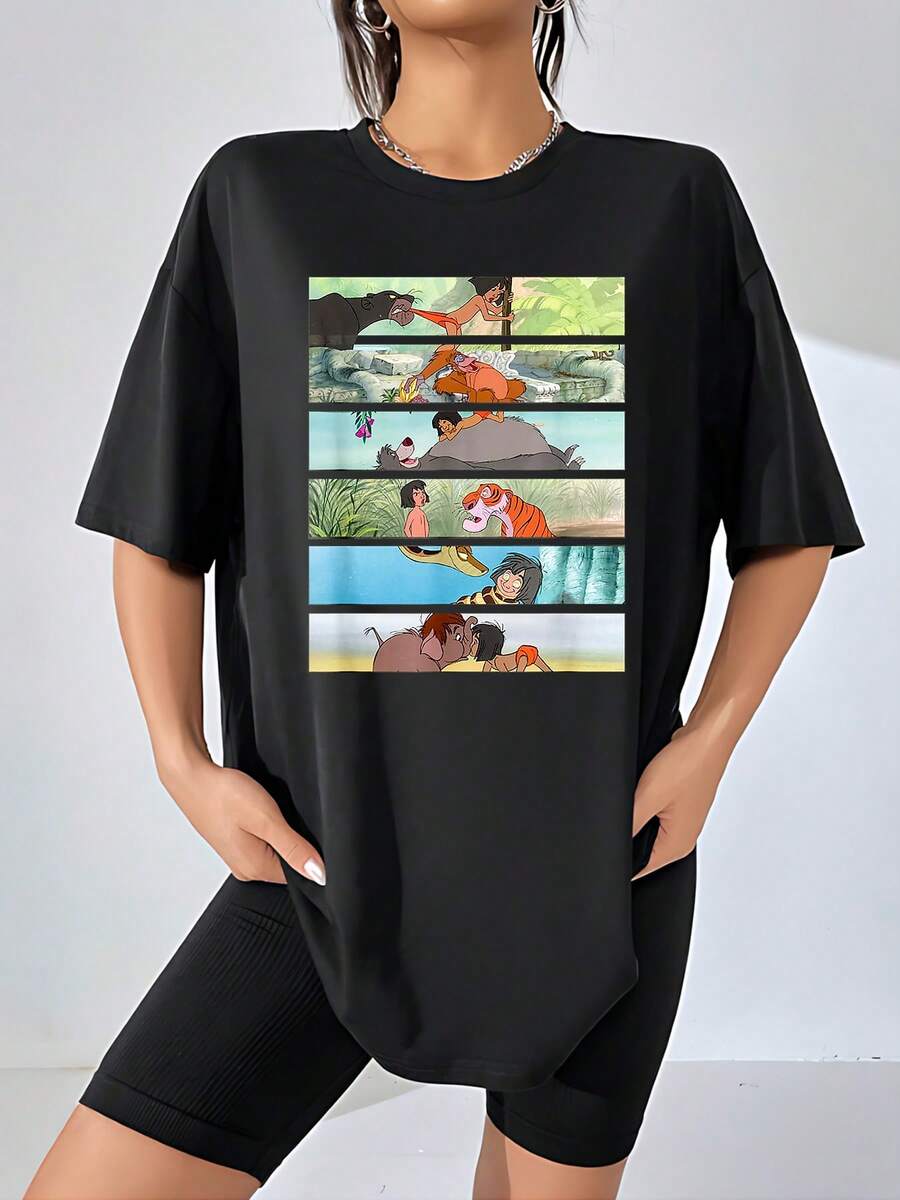 Illustration Depicting Friendship And Adventure In The Jungle With Animals And A Child Learning About The Value Of Courage And Unity. Comfortable Casual Women's T-Shirt For Everyday Wear. - 黑色 - 查看 1