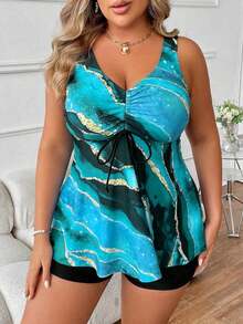 Swim Lushoire Vestido de baño con estampado de mármol para playa de talla grande y pantalones cortos de baño sólidos - Verde - Ver 6