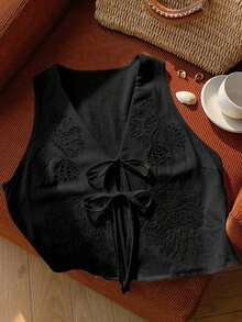 2026 Nuevo Top sin mangas con cuello en V, lazo delantero y bordado floral para mujer, ideal para vacaciones en la playa, uso casual, estilo Y2K de los 2000, primavera, graduación, fiesta de boda, vacaciones elegantes, San Valentín, carnaval, - Negro - Ver 4