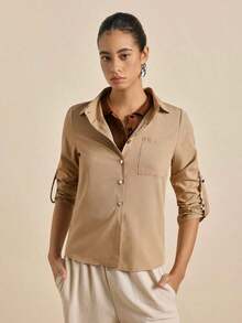 Camisa de mujer de manga larga de unicolor casual con puño - Caqui - Ver 2