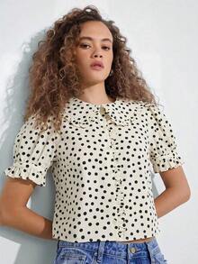 Camisa casual con cuello de volantes, mangas cortas abultadas y abotonadura, top lindo de otoño, ropa bohemia, atuendo de regreso a la escuela, para otoño, invierno, vestimenta occidental para mujer - Albaricoque - Ver 4