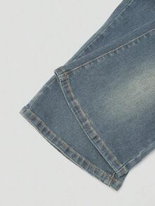 Explorewe Jeans de mezclilla estilo Y2K versátiles lavados y desgastados con pierna acampanada y elásticos para niñas adolescentes - Azul lavado medio 2 - Ver 3