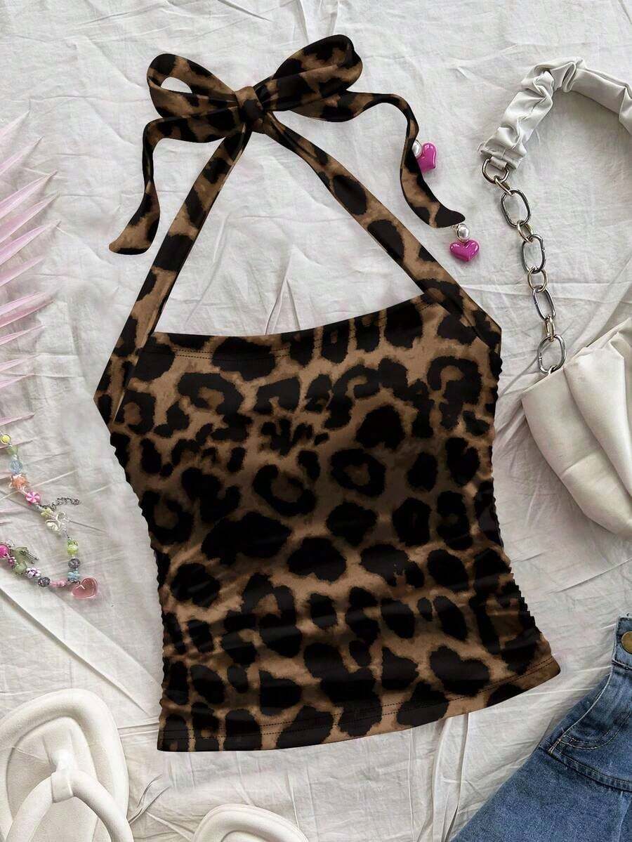Top sin mangas ajustado de Body entero con estampado completo de leopardo, adecuado para el verano - Multicolor 3 - Ver 1