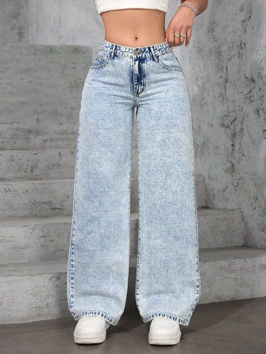 ICON Solid Color Wide Leg Pocket Jeans, Casual And Versatile - 淺色水洗 7 - 查看 1