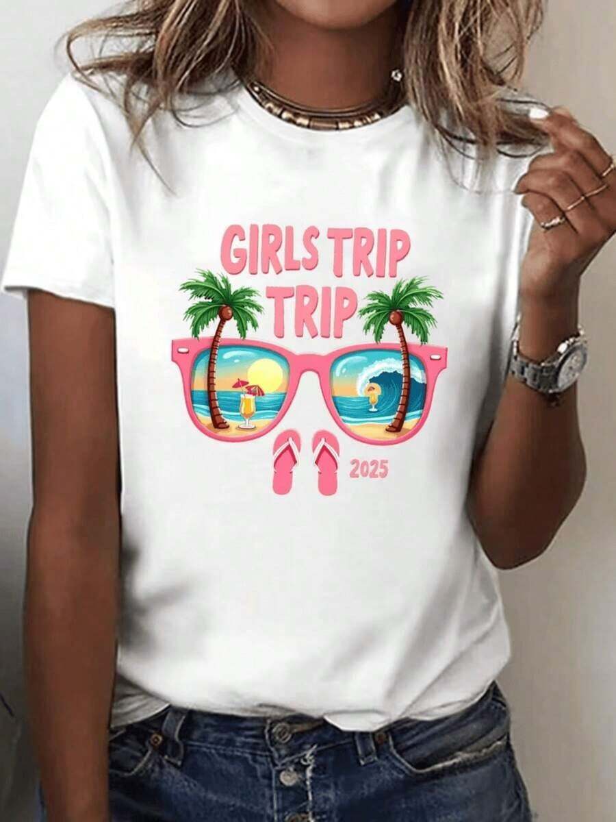 Camiseta Estampada 'Vacaciones 2025'| Camiseta casual de manga corta con cuello redondo, longitud normal, patrón geométrico, temporada primavera/verano, estilo de dibujo. - Blanco - Ver 1