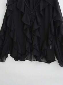Blusa elegante de mujer con cuello en V, abotonada, de manga larga, con decoración laminada, color liso, Primavera 2025 - Negro - Ver 3
