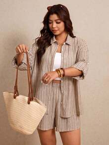 Embrisa Ropa de otoño para mujeres de talla grande, conjuntos de ropa escolar: camisa de rayas abierta al frente con mangas ajustables y conjunto de shorts para mujeres - Marrón - Ver 6