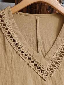 Vestido casual holgado de unicolor con cuello en V y mangas cortas para mujer de talla grande - Caqui - Ver 4