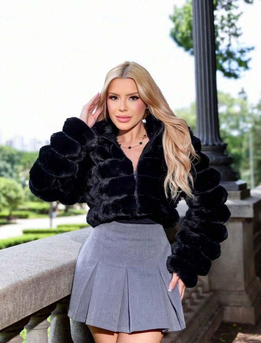 Women's Teddy Puffer Jacket, Faux Fur, Short Style, Nightwear, Travel, Winter - 黑色 - 查看 1